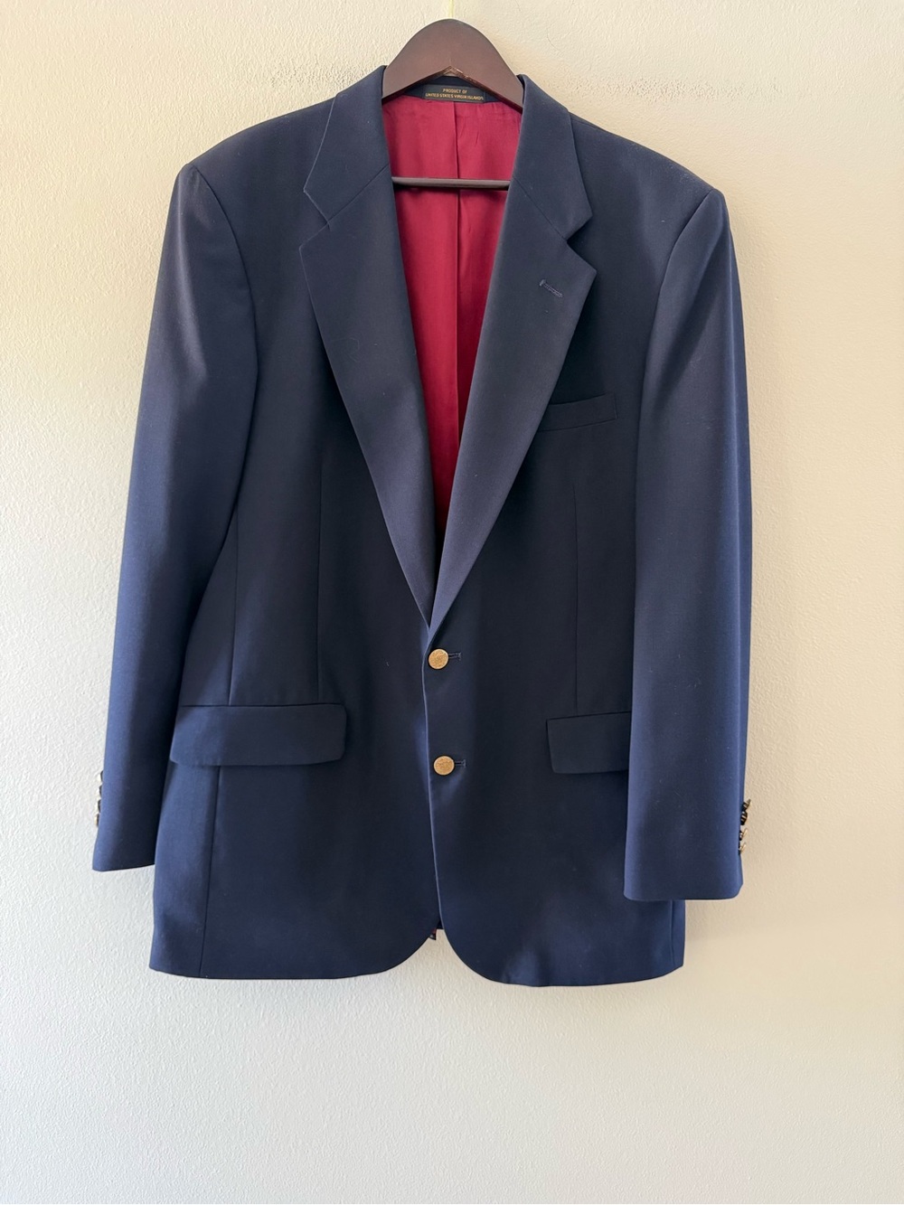 Stanley Blacker Men's Navy Two-Button Blazer with Gold Crest Buttons 100% Wool